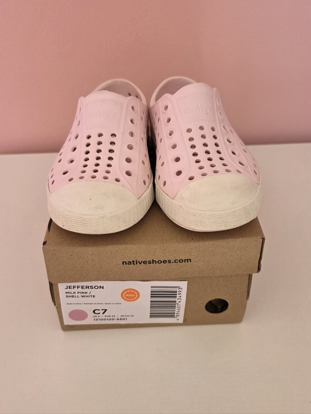 Native Jefferson Kids Slip-On Shoe — Milk Pink & Shell White